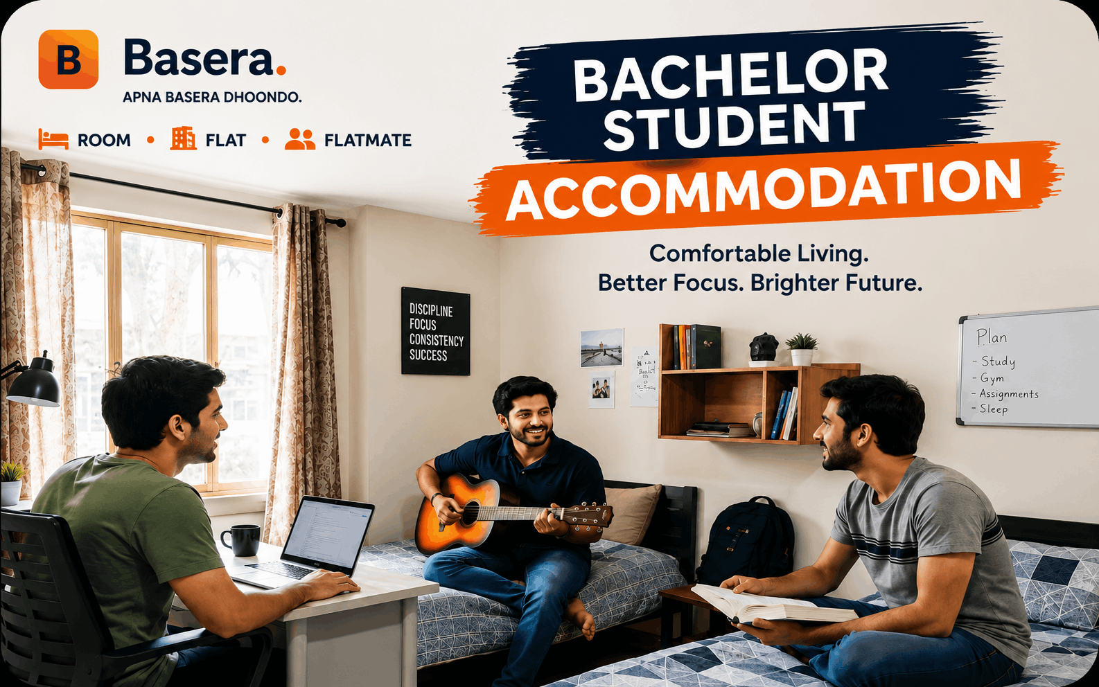 Simple furnished bachelor room shared by students in Karachi